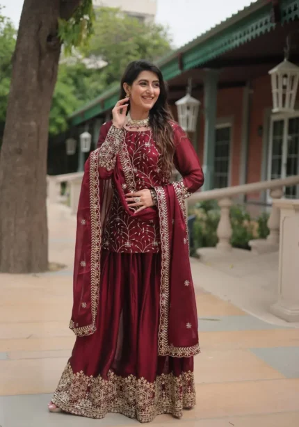 Sequins & Thread Embroidered Rangoli Silk Sharara Suits