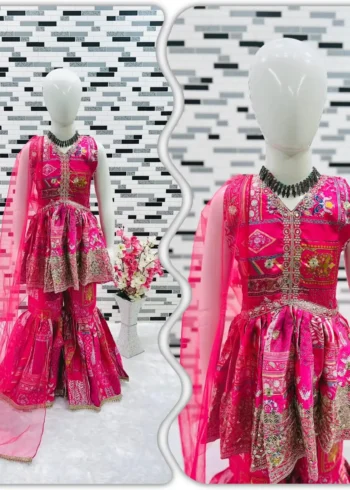 Sequins Embroidered Japan Satin Pink Sharara Dress for Kids