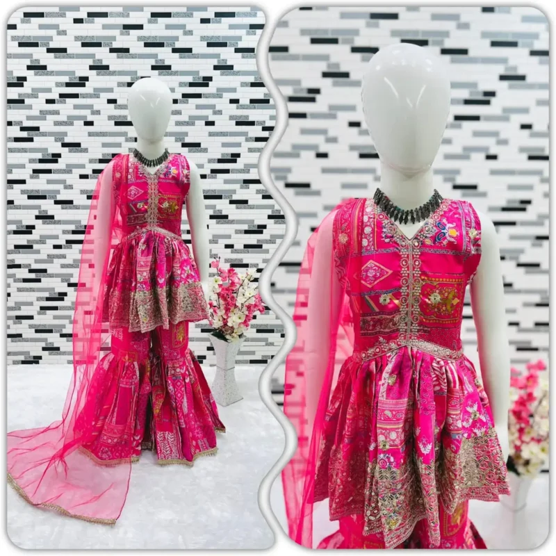 Sequins Embroidered Japan Satin Pink Sharara Dress for Kids