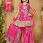 Sequins Embroidered Japan Satin Pink Sharara Dress for Kids