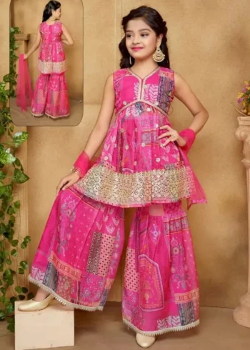 Sequins Embroidered Japan Satin Pink Sharara Dress for Kids