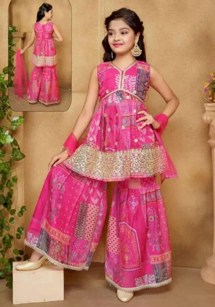 Sequins Embroidered Japan Satin Pink Sharara Dress for Kids