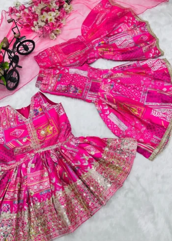 Sequins Embroidered Japan Satin Pink Sharara Dress for Kids