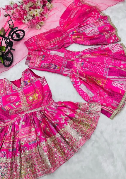 Sequins Embroidered Japan Satin Pink Sharara Dress for Kids