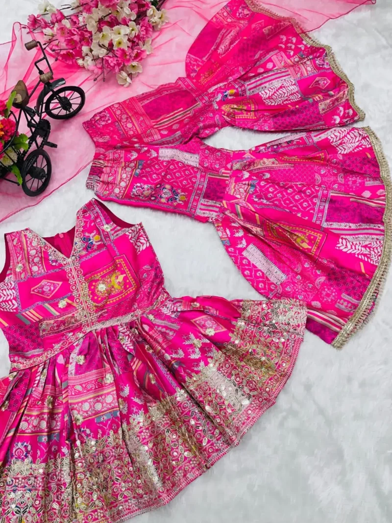 Sequins Embroidered Japan Satin Pink Sharara Dress for Kids