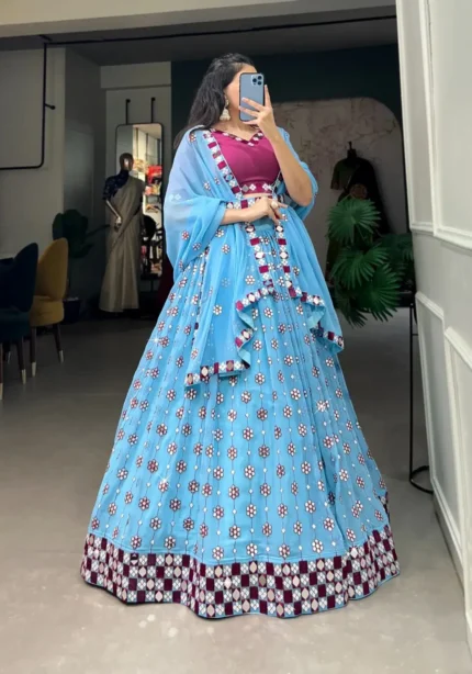 Sky Blue Georgette Sequins Original Mirror Work Lehenga Choli