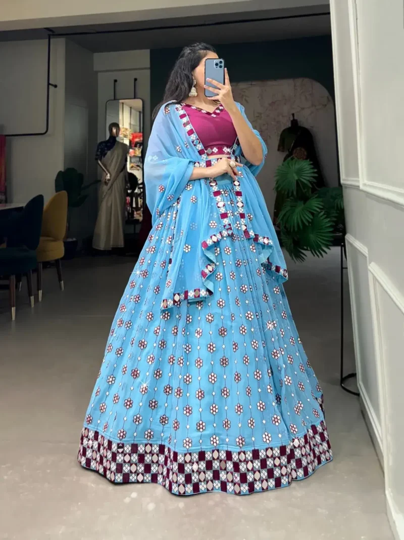 Sky Blue Georgette Sequins Original Mirror Work Lehenga Choli