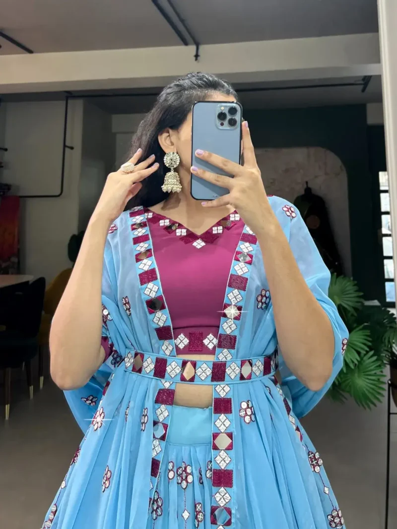 Sky Blue Georgette Sequins Original Mirror Work Lehenga Choli