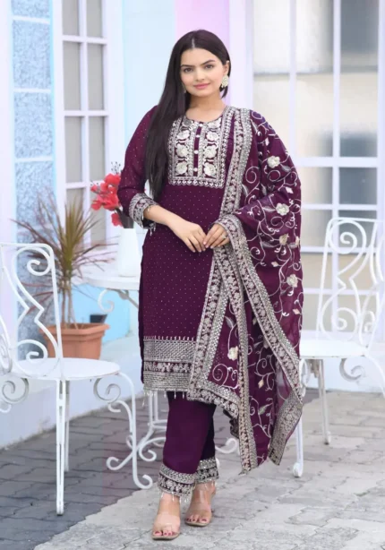 Stone & Sequence Embroidery Work Faux Georgette Suit