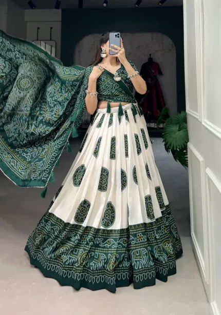 Tussar Silk Bandhej Print Lehenga Choli