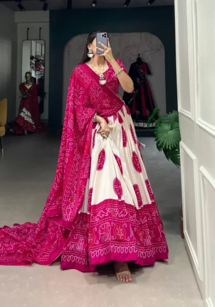 Tussar Silk Bandhej Print Lehenga Choli