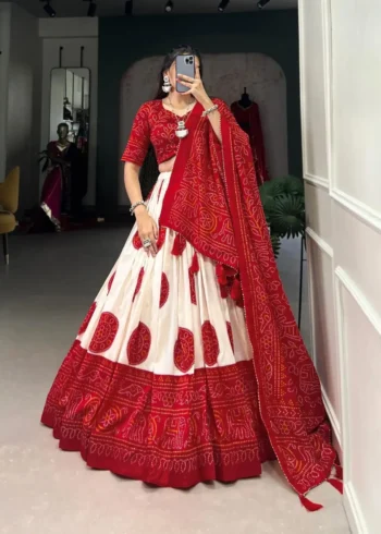 Tussar Silk Bandhej Print Lehenga Choli