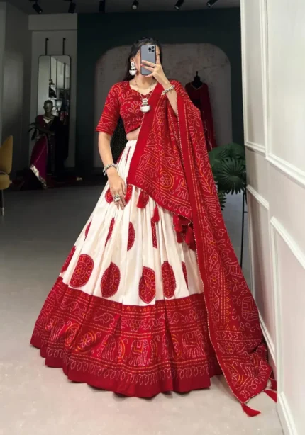 Tussar Silk Bandhej Print Lehenga Choli