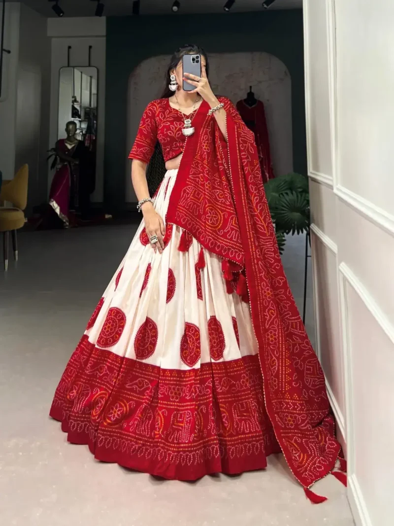 Tussar Silk Bandhej Print Lehenga Choli