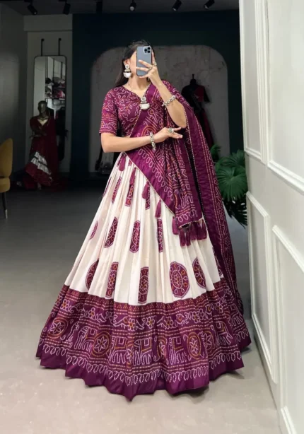 Tussar Silk Bandhej Print Lehenga Choli