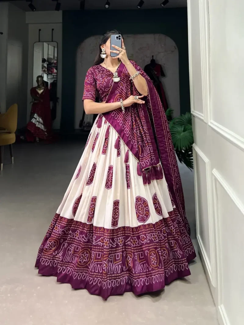 Tussar Silk Bandhej Print Lehenga Choli