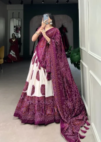 Tussar Silk Bandhej Print Lehenga Choli