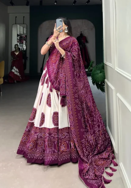 Tussar Silk Bandhej Print Lehenga Choli