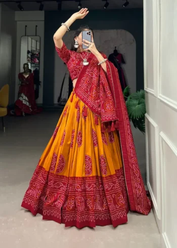 Tussar Silk Bandhej Print Lehenga Choli