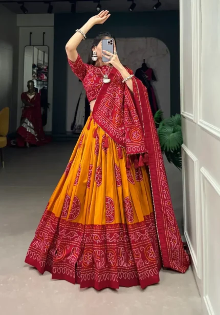 Tussar Silk Bandhej Print Lehenga Choli