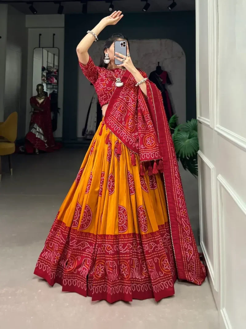 Tussar Silk Bandhej Print Lehenga Choli