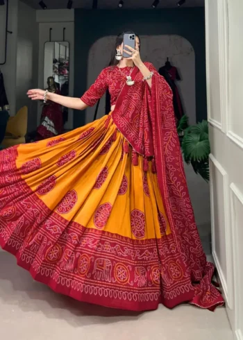 Tussar Silk Bandhej Print Lehenga Choli