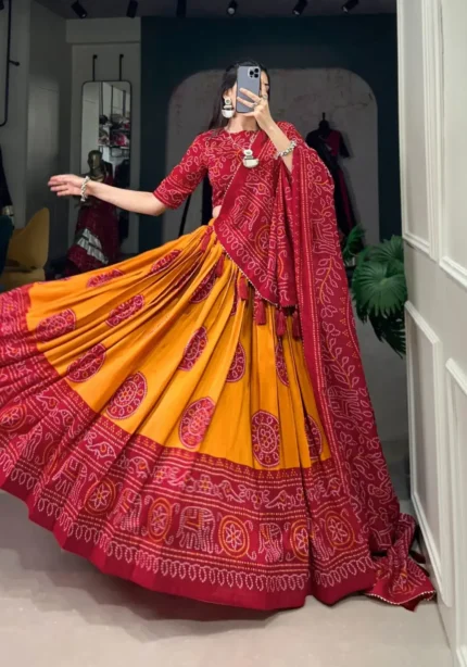 Tussar Silk Bandhej Print Lehenga Choli