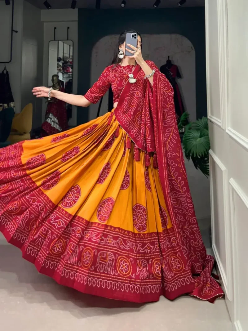 Tussar Silk Bandhej Print Lehenga Choli