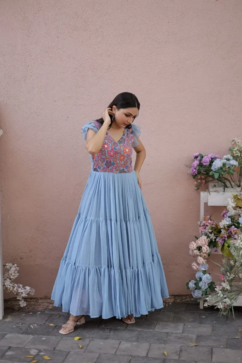 V Neck Floral Printed Faux Georgette Gown