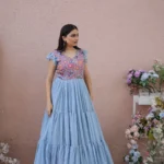V Neck Floral Printed Faux Georgette Gown