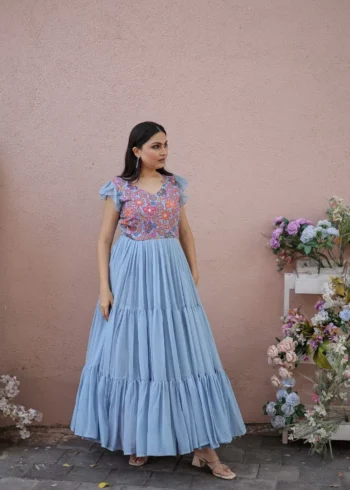 V Neck Floral Printed Faux Georgette Gown