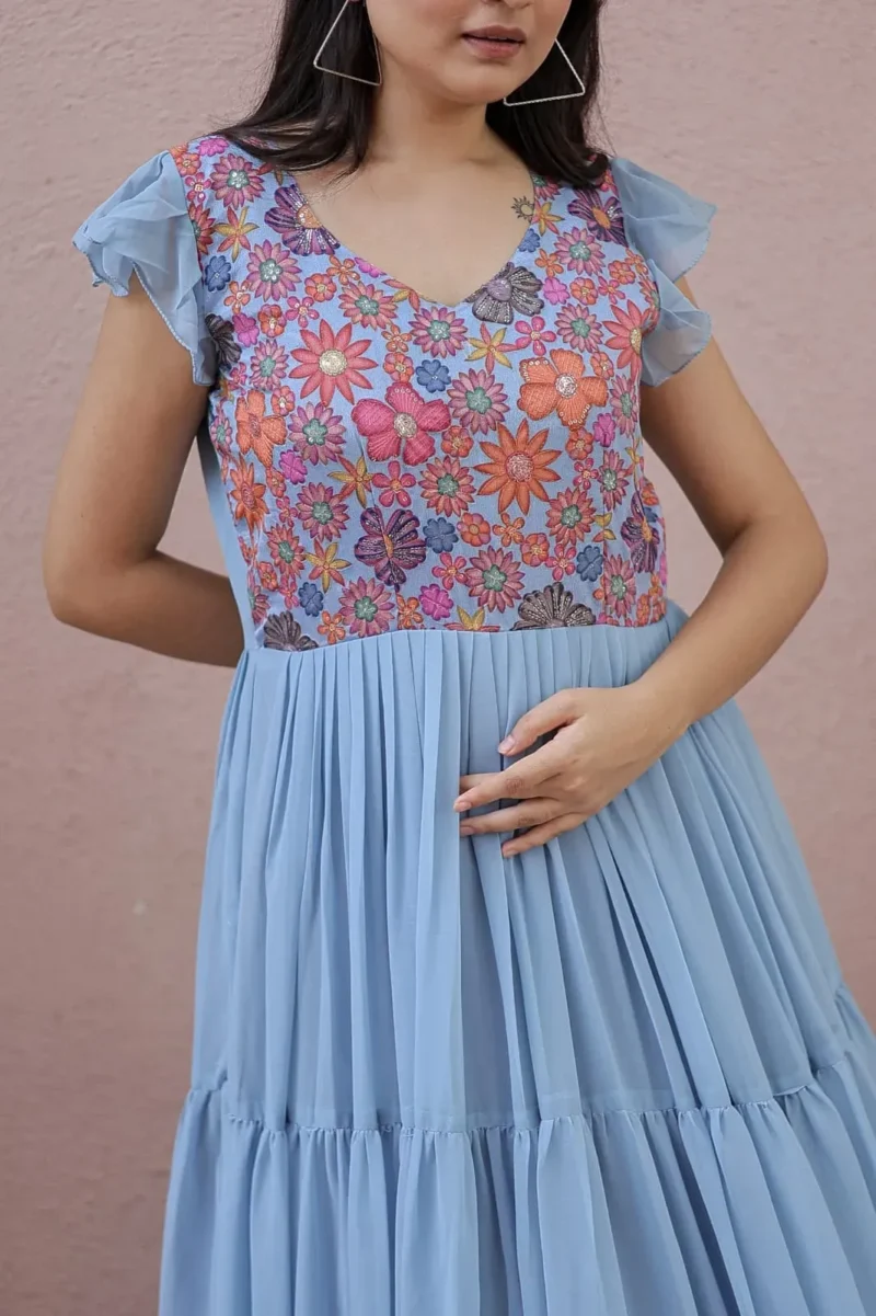 V Neck Floral Printed Faux Georgette Gown