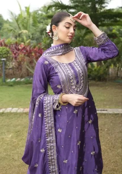 Violet Color Designer Sequins Embroidered Wedding Suit