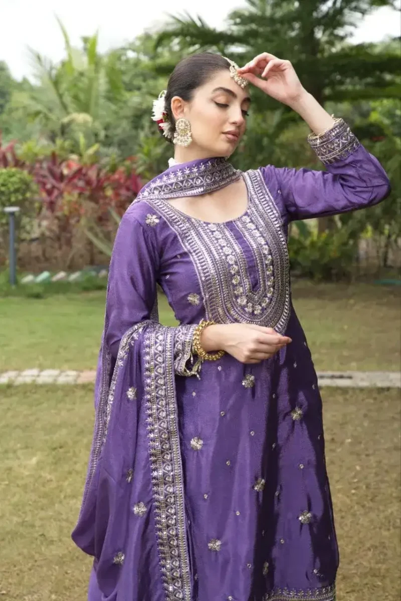 Violet Color Designer Sequins Embroidered Wedding Suit