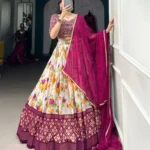 White & Wine Tussar Silk Floral Patola Print Lehenga Choli