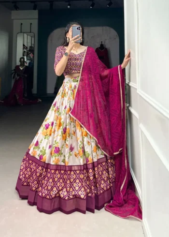 White & Wine Tussar Silk Floral Patola Print Lehenga Choli