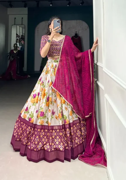 White & Wine Tussar Silk Floral Patola Print Lehenga Choli