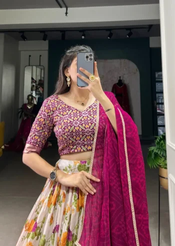 White & Wine Tussar Silk Floral Patola Print Lehenga Choli