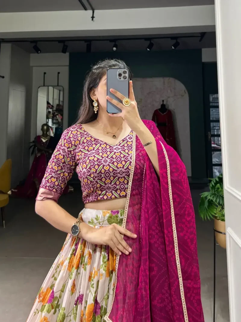 White & Wine Tussar Silk Floral Patola Print Lehenga Choli