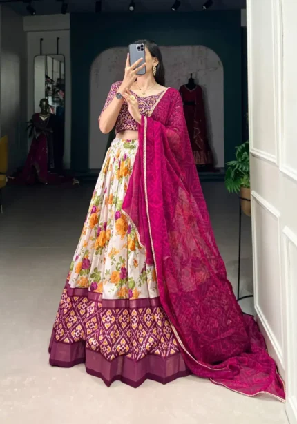 White & Wine Tussar Silk Floral Patola Print Lehenga Choli