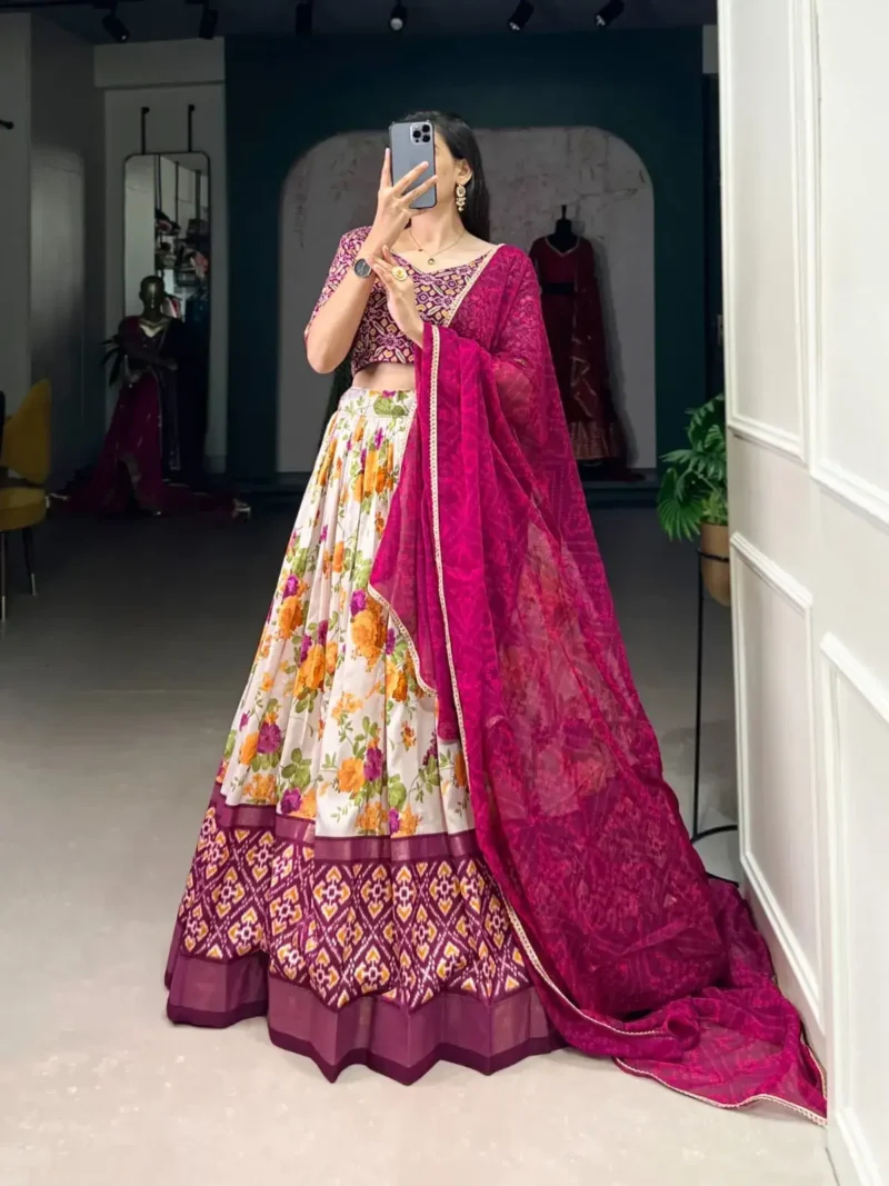White & Wine Tussar Silk Floral Patola Print Lehenga Choli