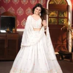 White Multi Color Faux Blooming Party Wear Lehenga