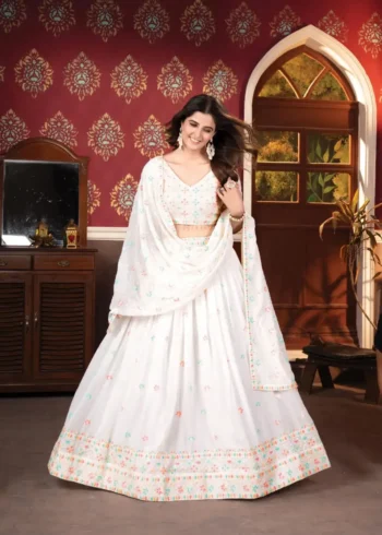 White Multi Color Faux Blooming Party Wear Lehenga