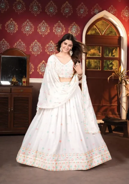 White Multi Color Faux Blooming Party Wear Lehenga