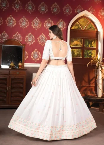White Multi Color Faux Blooming Party Wear Lehenga