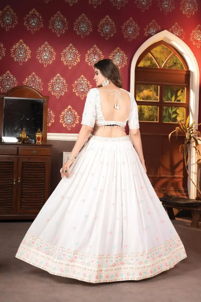 White Multi Color Faux Blooming Party Wear Lehenga
