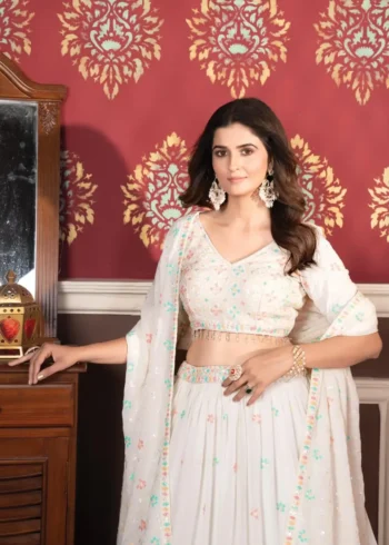 White Multi Color Faux Blooming Party Wear Lehenga
