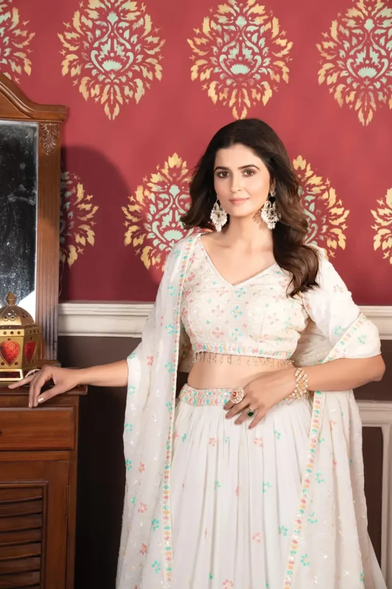 White Multi Color Faux Blooming Party Wear Lehenga