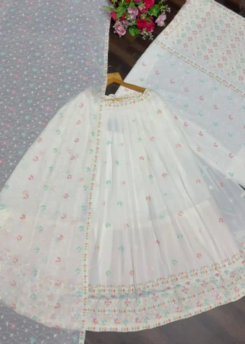 White Multi Color Faux Blooming Party Wear Lehenga