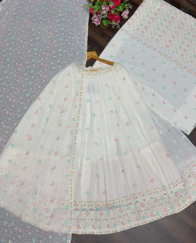 White Multi Color Faux Blooming Party Wear Lehenga